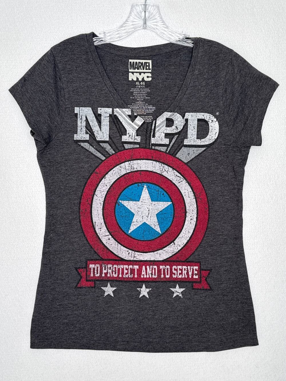 Marvel NYC Captain America NYPD Graphic Tee Women’s V-Neck gray medium